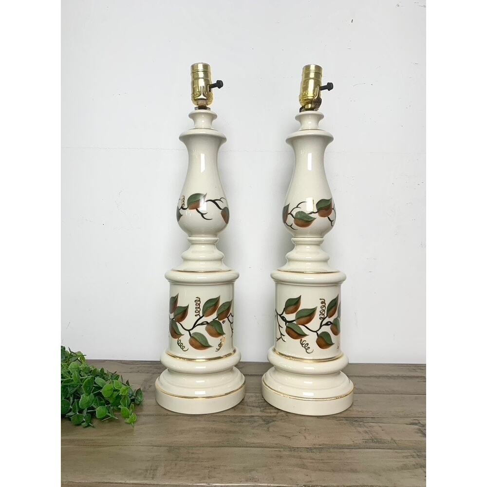 Pair of Vintage Hand-Painted Ceramic Lamps with Leaf Design 21” Tall